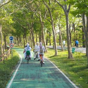 Capture and rear view of cycling thai women in Wachirabenchathat Park