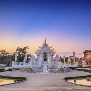 Evening view of Wat Rong Khun or White Temple, Landmark in Chiang Rai, Thailand